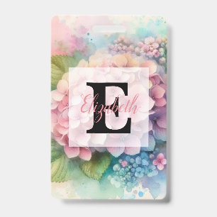 Floral watercolor monogram pink hydrangea ID badge