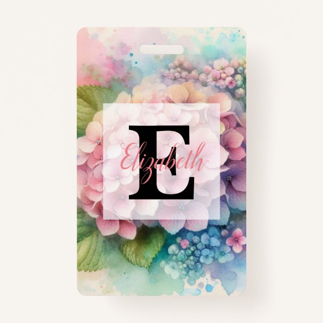 Floral watercolor monogram pink hydrangea  ID badge (Front)