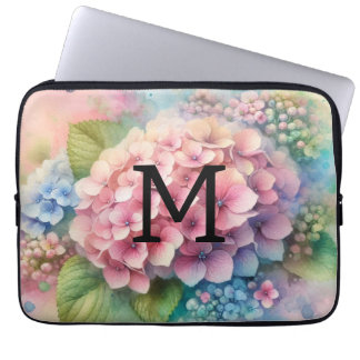 Floral watercolor monogram pink hydrangea  laptop sleeve