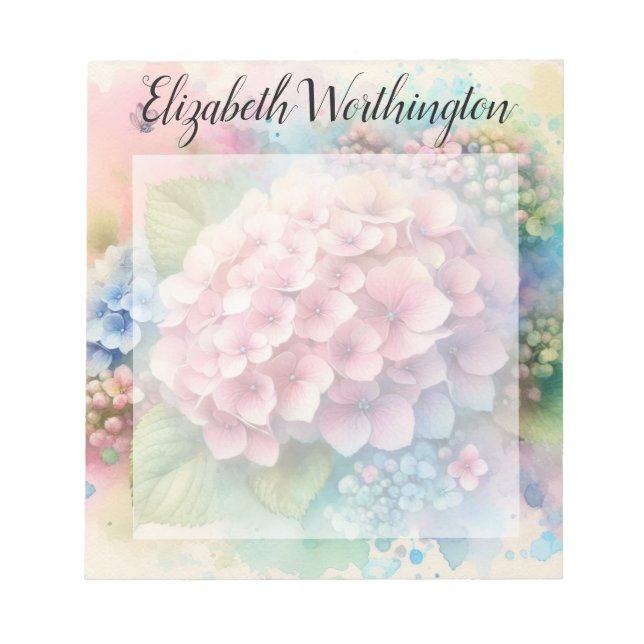 Floral watercolor monogram pink hydrangea  notepad (Front)