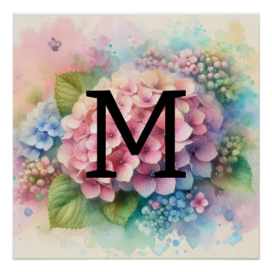 Floral watercolor monogram pink hydrangea poster