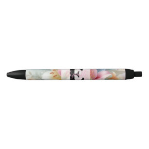 Floral watercolor monogram pink lilies flowers black ink pen