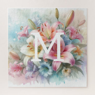 Floral watercolor monogram pink lilies flowers jigsaw puzzle