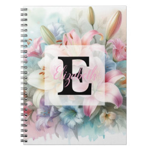 Floral watercolor monogram pink lilies flowers notebook