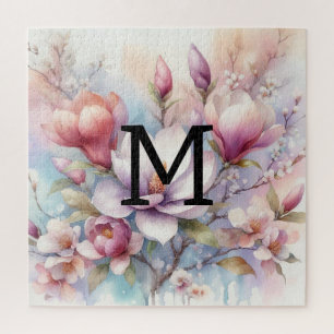 Floral watercolor monogram pink magnolia flowers jigsaw puzzle