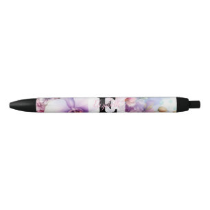 Floral watercolor monogram pink orchid flowers  black ink pen