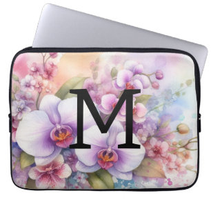 Floral watercolor monogram pink orchid flowers laptop sleeve
