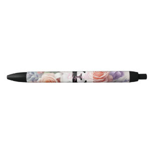 Floral watercolor monogram pink purple flowers black ink pen