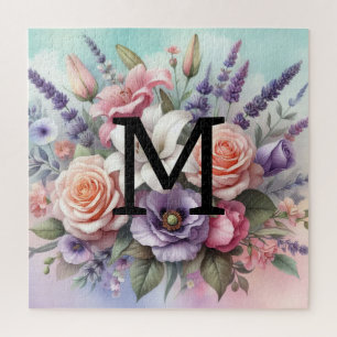 Floral watercolor monogram pink purple flowers jigsaw puzzle