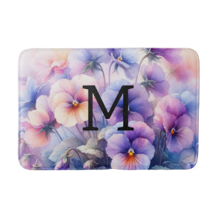 Floral watercolor monogram pink purple pansies bath mat