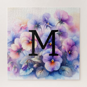 Floral watercolor monogram pink purple pansies jigsaw puzzle