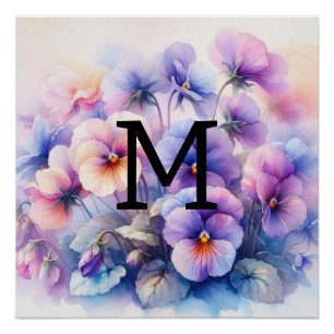 Floral watercolor monogram pink purple pansies poster