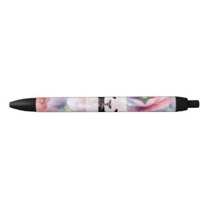 Floral watercolor monogram pink red poppy flowers black ink pen