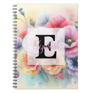Floral watercolor monogram pink red poppy flowers  notebook