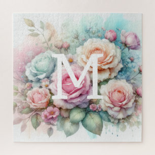 Floral watercolor monogram pink roses flowers jigsaw puzzle