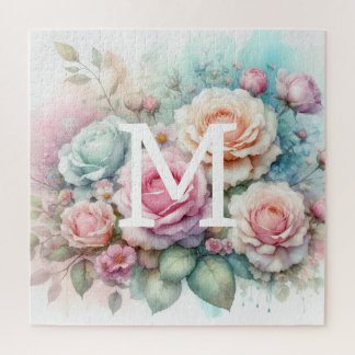 Floral watercolor monogram pink roses flowers  jigsaw puzzle