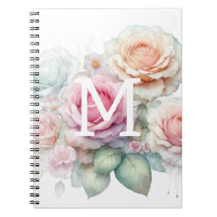 Floral watercolor monogram pink roses flowers notebook