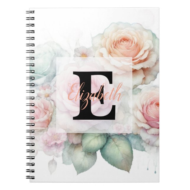 Floral watercolor monogram pink roses flowers  notebook (Front)