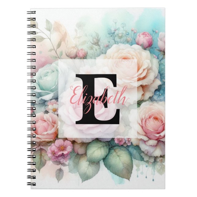 Floral watercolor monogram pink roses flowers  notebook (Front)