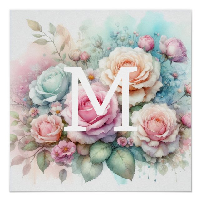 Floral watercolor monogram pink roses flowers  poster (Front)