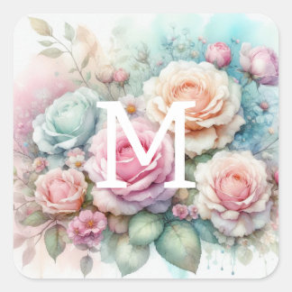 Floral watercolor monogram pink roses flowers  square sticker