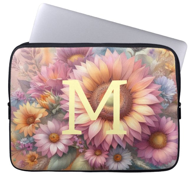 Floral watercolor monogram pink yellow sunflower  laptop sleeve (Front)