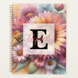Floral watercolor monogram pink yellow sunflower  planner