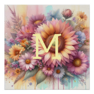 Floral watercolor monogram pink yellow sunflower  poster