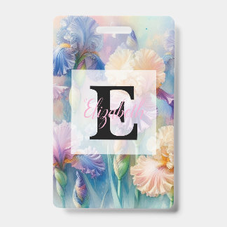 Floral watercolor monogram purple iris flowers ID badge