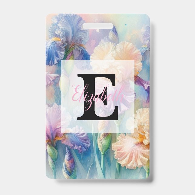 Floral watercolor monogram purple iris flowers ID badge (Front)