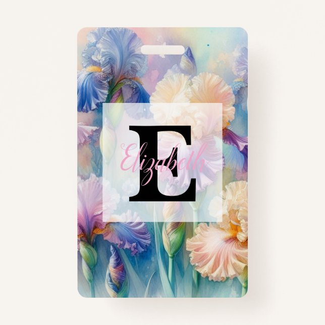Floral watercolor monogram purple iris flowers ID badge (Front)