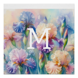 Floral watercolor monogram purple iris flowers poster