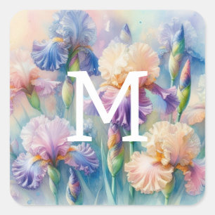 Floral watercolor monogram purple iris flowers square sticker