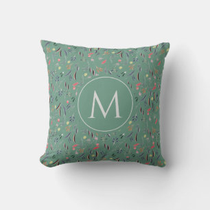 Floral Watercolor MONOGRAM Teal Green Cushion