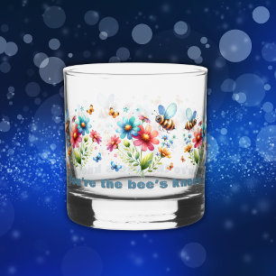 Floral Watercolor Monogram You're the Bee's Knees Whiskey Glass