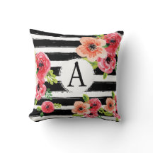 Floral Watercolor Monogramed Black White Stripes