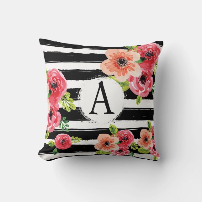 Floral Watercolor Monogramed Black White Stripes Cushion (Front)