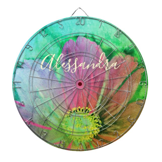  Floral Watercolor Name Monogram Colourful Botanic Dartboard (Front)