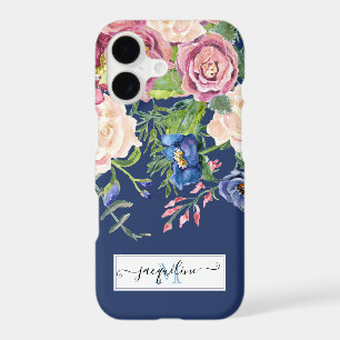 Floral Watercolor Navy Blue Burgundy Elegant Peony