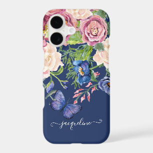 Floral Watercolor Navy Blue Butterfly Script Name