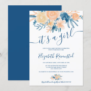 Floral watercolor navy blue peach baby shower invitation