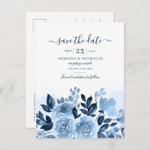 Floral Watercolor Navy Blue Save The Date Announcement Postcard
