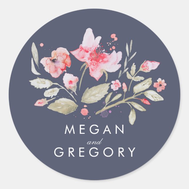 Floral Watercolor Navy Pink Wedding Classic Round Sticker (Front)