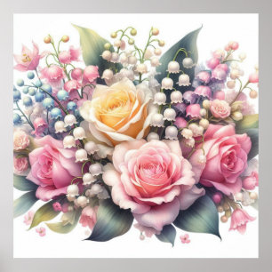 Floral watercolor of roses, lilies of the valley poster
