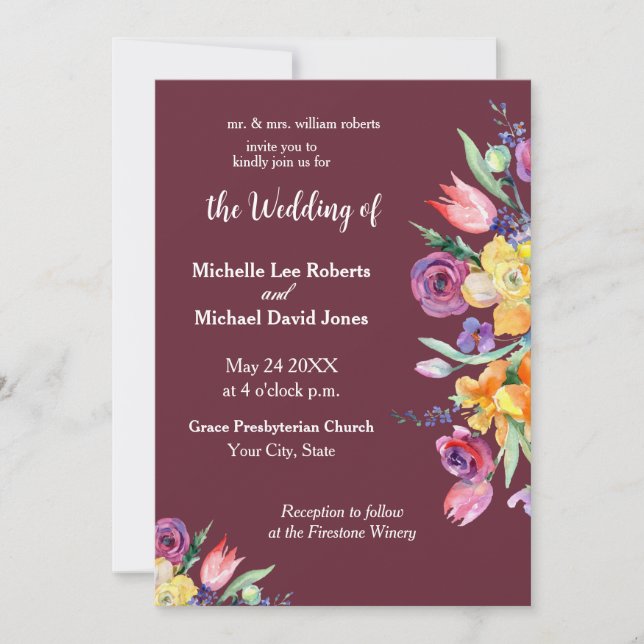 Floral Watercolor on Burgundy Wedding Invitation (Front)