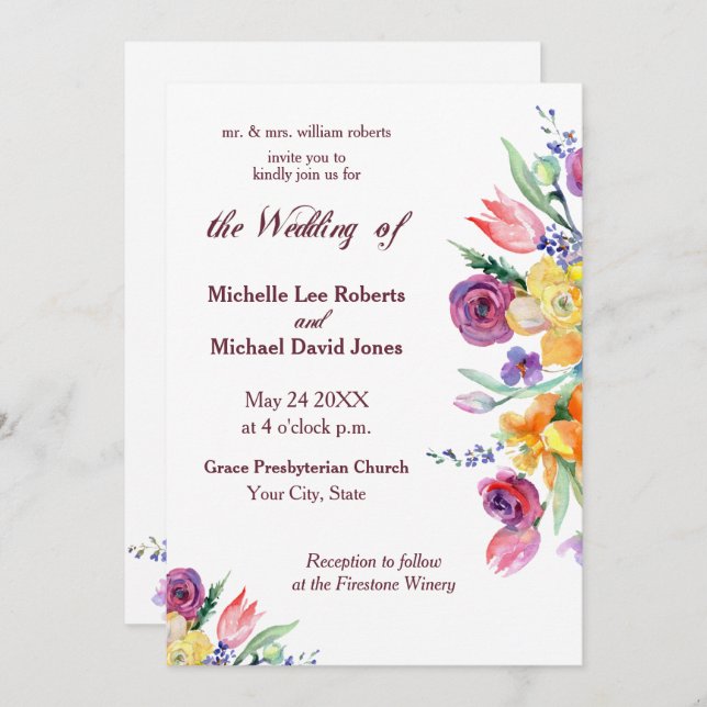 Floral Watercolor on White Wedding Invitation (Front/Back)