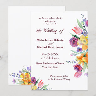 Floral Watercolor on White Wedding Invitation