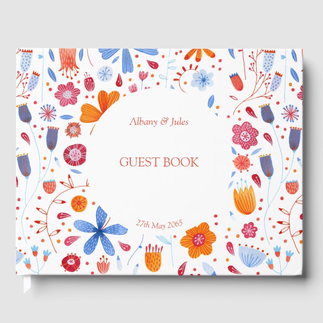 Floral Watercolor Orange Blue Guest Book (Front)