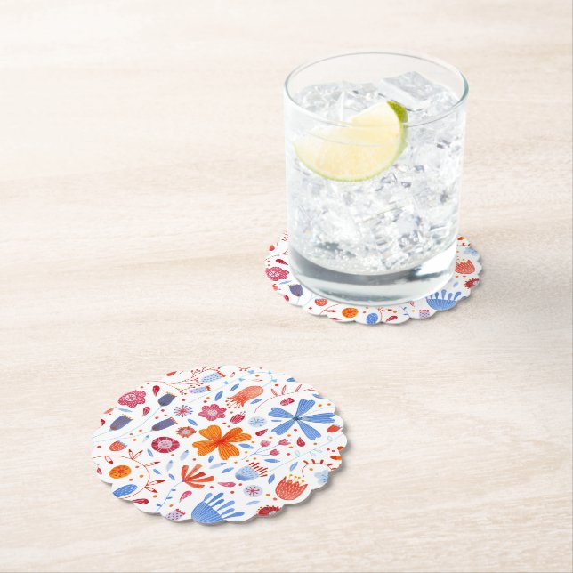 Floral Watercolor Orange Blue Paper Coaster (Insitu)