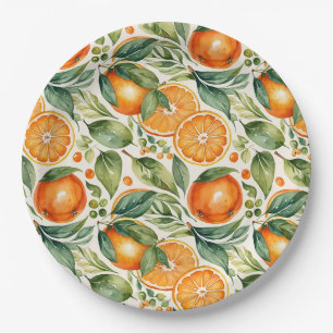 Floral Watercolor Orange Citrus Botanical Pattern Paper Plate
